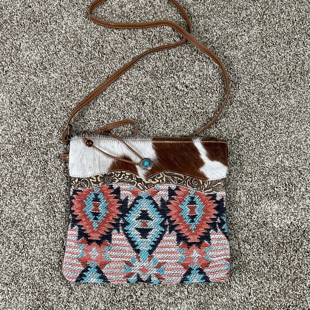 Artisan Patterned Crossbody Bag With Leather Acce… - image 1